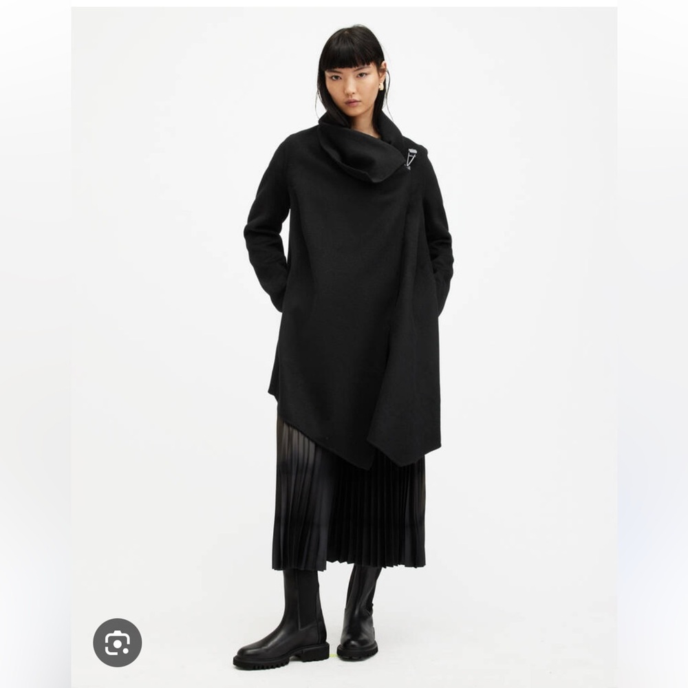 All Saints Monument Jacket / Black Asymmetrical Coat - Herringbone Tweed RARE